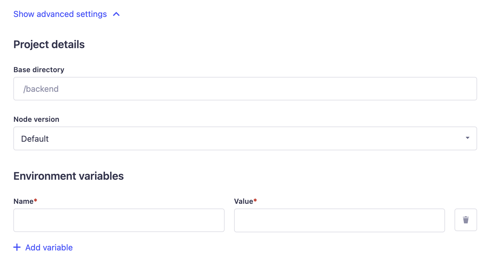 Project creation advanced settings